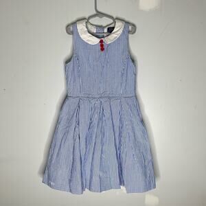 RALPH LAUREN Polo Blue and White Seersucker A Line Collared Red Button Dress 10